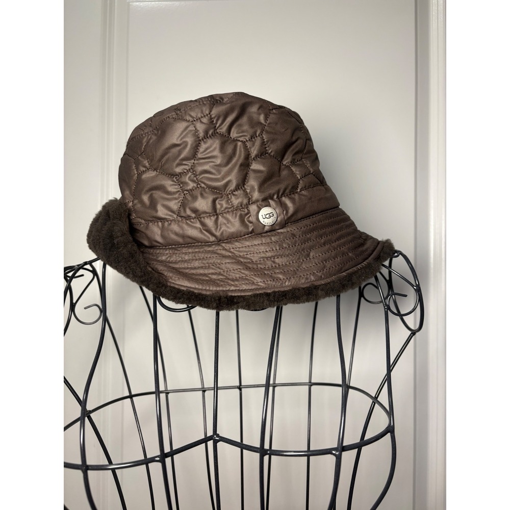 UGG Australia Quilted Puffer Bucket Hat Brown Shearling Trim Winter Cap O/S